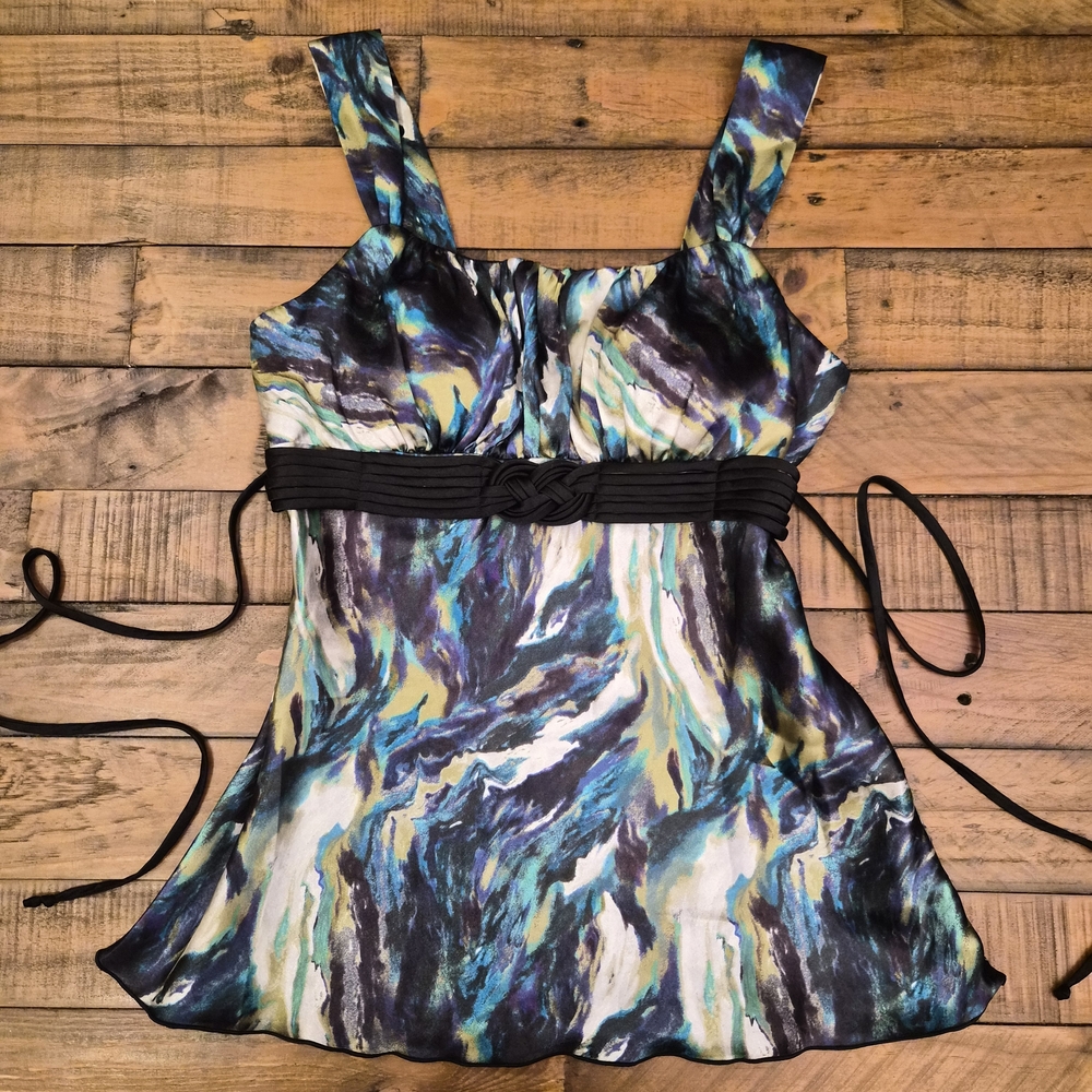 Vintage Y2K A. Byer Abstract Print Cami Top Babydoll Empire Knot Belt Fairycore